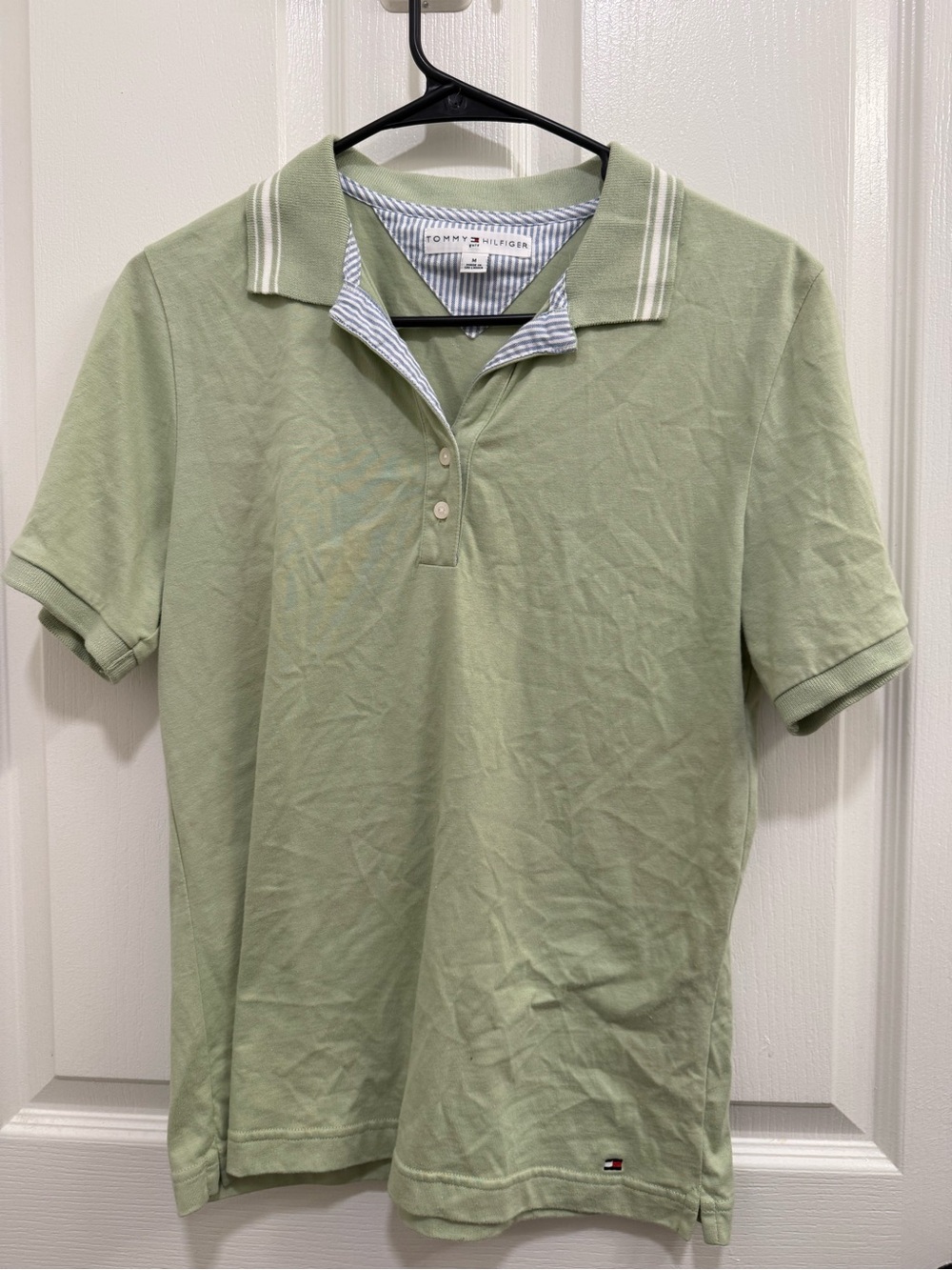 Tommy Hilfiger Light Olive Green Polo with Striped Inner Placket (small stain) M